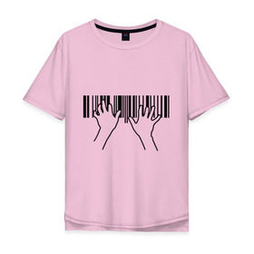 Мужская футболка хлопок Oversize с принтом Фортепиано штрихкод в Петрозаводске, 100% хлопок | свободный крой, круглый ворот, “спинка” длиннее передней части | пианино | руки | фортепиано | штрих код | штрихкод