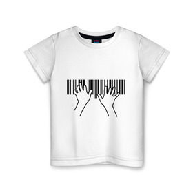 Детская футболка хлопок с принтом Фортепиано штрихкод в Петрозаводске, 100% хлопок | круглый вырез горловины, полуприлегающий силуэт, длина до линии бедер | пианино | руки | фортепиано | штрих код | штрихкод