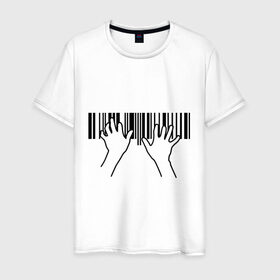 Мужская футболка хлопок с принтом Фортепиано штрихкод в Петрозаводске, 100% хлопок | прямой крой, круглый вырез горловины, длина до линии бедер, слегка спущенное плечо. | пианино | руки | фортепиано | штрих код | штрихкод