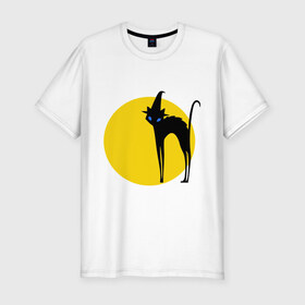 Мужская футболка премиум с принтом Кот и луна в Петрозаводске, 92% хлопок, 8% лайкра | приталенный силуэт, круглый вырез ворота, длина до линии бедра, короткий рукав | 