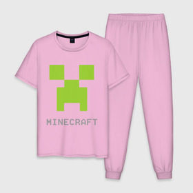 Мужская пижама хлопок с принтом Minecraft logo grey в Петрозаводске, 100% хлопок | брюки и футболка прямого кроя, без карманов, на брюках мягкая резинка на поясе и по низу штанин
 | крипер
