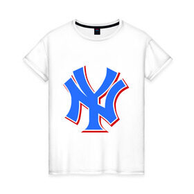 Женская футболка хлопок с принтом NY Yankees blue в Петрозаводске, 100% хлопок | прямой крой, круглый вырез горловины, длина до линии бедер, слегка спущенное плечо | baseball | major league basebal | mlb | ny | staten island | yankees | америка | бейсбол | бита | главная лига бейсбола | нью йорк янкиз | статен айленд | сша | янки