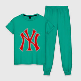 Женская пижама хлопок с принтом NY Yankees red в Петрозаводске, 100% хлопок | брюки и футболка прямого кроя, без карманов, на брюках мягкая резинка на поясе и по низу штанин | baseball | major league basebal | mlb | ny | staten island | yankees | америка | бейсбол | бита | главная лига бейсбола | нью йорк янкиз | статен айленд | сша | янки