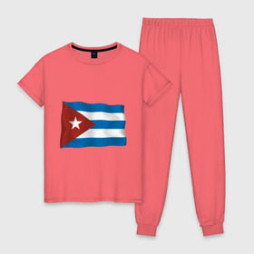 Женская пижама хлопок с принтом Куба флаг в Петрозаводске, 100% хлопок | брюки и футболка прямого кроя, без карманов, на брюках мягкая резинка на поясе и по низу штанин | Тематика изображения на принте: cuba | куба | куба афиша | кубинский флаг | республика куба | флаг | флаг кубы | флаги