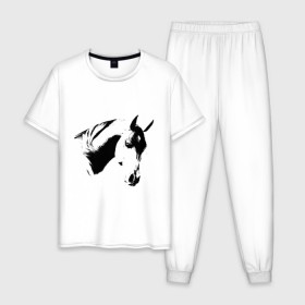 Мужская пижама хлопок с принтом Лошадь черно-белая (5) в Петрозаводске, 100% хлопок | брюки и футболка прямого кроя, без карманов, на брюках мягкая резинка на поясе и по низу штанин
 | конь | лошадка | лошадь | лошадь черно белая