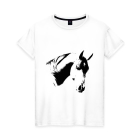 Женская футболка хлопок с принтом Лошадь черно-белая (5) в Петрозаводске, 100% хлопок | прямой крой, круглый вырез горловины, длина до линии бедер, слегка спущенное плечо | конь | лошадка | лошадь | лошадь черно белая