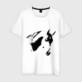 Мужская футболка хлопок с принтом Лошадь черно-белая (5) в Петрозаводске, 100% хлопок | прямой крой, круглый вырез горловины, длина до линии бедер, слегка спущенное плечо. | Тематика изображения на принте: конь | лошадка | лошадь | лошадь черно белая