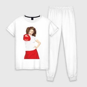 Женская пижама хлопок с принтом Бокс2 в Петрозаводске, 100% хлопок | брюки и футболка прямого кроя, без карманов, на брюках мягкая резинка на поясе и по низу штанин | boxing | бокс | боксер | боксерская перчатка | боксировать | девушка
