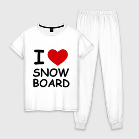 Женская пижама хлопок с принтом Я люблю сноуборд в Петрозаводске, 100% хлопок | брюки и футболка прямого кроя, без карманов, на брюках мягкая резинка на поясе и по низу штанин | борд | доска | зимний спорт | сноуборд | сноубординг | сноубордист | трассы | экстремальный спорт | экстрим | я люблю