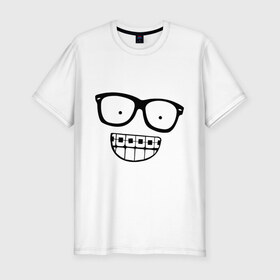 Мужская футболка премиум с принтом Ботаник в очках в Петрозаводске, 92% хлопок, 8% лайкра | приталенный силуэт, круглый вырез ворота, длина до линии бедра, короткий рукав | ботаник | брекеты | брекиты | в очках | заучка | зубы | очкарик | очки | улыбаться | улыбка