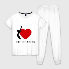 Женская пижама хлопок с принтом I LOVE POLEDANCE в Петрозаводске, 100% хлопок | брюки и футболка прямого кроя, без карманов, на брюках мягкая резинка на поясе и по низу штанин | Тематика изображения на принте: poledance | poledanceстрип пластика | девушка на шесте | полидэнс | шест | шестовая пластика | я люблю полидэнс