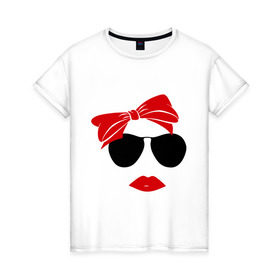 Женская футболка хлопок с принтом Vintage в Петрозаводске, 100% хлопок | прямой крой, круглый вырез горловины, длина до линии бедер, слегка спущенное плечо | бант | винтаж | губы | девушка | лицо | очки | помада