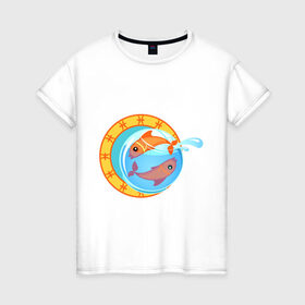 Женская футболка хлопок с принтом Крутой зодиак - Рыбы в Петрозаводске, 100% хлопок | прямой крой, круглый вырез горловины, длина до линии бедер, слегка спущенное плечо | знаки зодиака | зодиак | рыба | рыбка | рыбы