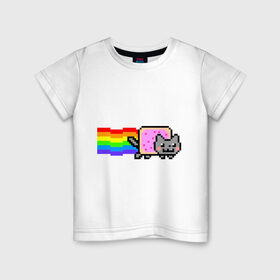 Детская футболка хлопок с принтом Nyan Cat в Петрозаводске, 100% хлопок | круглый вырез горловины, полуприлегающий силуэт, длина до линии бедер | nyan cat | интернет приколы | кошка | нян кэт