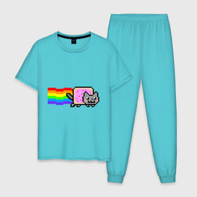 Мужская пижама хлопок с принтом Nyan Cat в Петрозаводске, 100% хлопок | брюки и футболка прямого кроя, без карманов, на брюках мягкая резинка на поясе и по низу штанин
 | nyan cat | интернет приколы | кошка | нян кэт