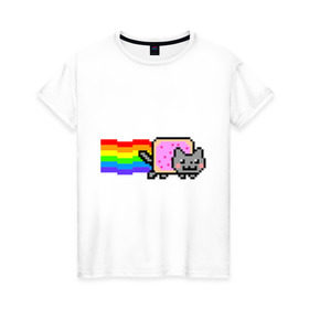 Женская футболка хлопок с принтом Nyan Cat в Петрозаводске, 100% хлопок | прямой крой, круглый вырез горловины, длина до линии бедер, слегка спущенное плечо | nyan cat | интернет приколы | кошка | нян кэт
