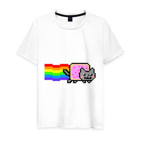Мужская футболка хлопок с принтом Nyan Cat в Петрозаводске, 100% хлопок | прямой крой, круглый вырез горловины, длина до линии бедер, слегка спущенное плечо. | nyan cat | интернет приколы | кошка | нян кэт