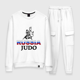 Женский костюм хлопок с принтом Russia judo в Петрозаводске, 100% хлопок | на свитшоте круглая горловина, мягкая резинка по низу. Брюки заужены к низу, на них два вида карманов: два 