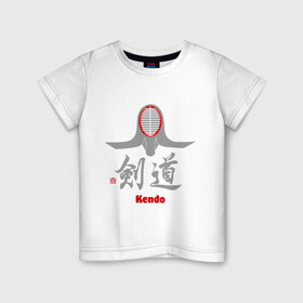Детская футболка хлопок с принтом Кендо маска иероглиф в Петрозаводске, 100% хлопок | круглый вырез горловины, полуприлегающий силуэт, длина до линии бедер | kendo | иероглиф | кендо | кендо иероглиф | лого | маска