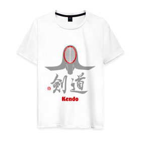 Мужская футболка хлопок с принтом Кендо маска иероглиф в Петрозаводске, 100% хлопок | прямой крой, круглый вырез горловины, длина до линии бедер, слегка спущенное плечо. | kendo | иероглиф | кендо | кендо иероглиф | лого | маска
