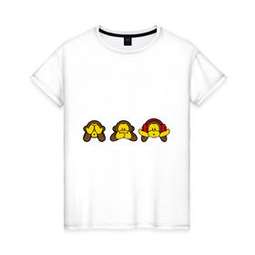 Женская футболка хлопок с принтом три обезьяны в Петрозаводске, 100% хлопок | прямой крой, круглый вырез горловины, длина до линии бедер, слегка спущенное плечо | животные | макаки | обезьяна | обязьяны | шимпонзде