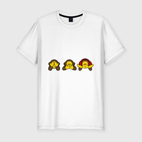 Мужская футболка премиум с принтом три обезьяны в Петрозаводске, 92% хлопок, 8% лайкра | приталенный силуэт, круглый вырез ворота, длина до линии бедра, короткий рукав | животные | макаки | обезьяна | обязьяны | шимпонзде