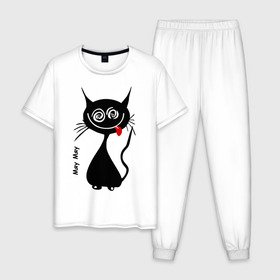 Мужская пижама хлопок с принтом Кошка Мяу в Петрозаводске, 100% хлопок | брюки и футболка прямого кроя, без карманов, на брюках мягкая резинка на поясе и по низу штанин
 | кот | котенок | котик | кошка | кошка мяу | мяу | черная кошка | черный кот