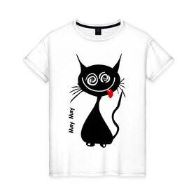 Женская футболка хлопок с принтом Кошка Мяу в Петрозаводске, 100% хлопок | прямой крой, круглый вырез горловины, длина до линии бедер, слегка спущенное плечо | кот | котенок | котик | кошка | кошка мяу | мяу | черная кошка | черный кот