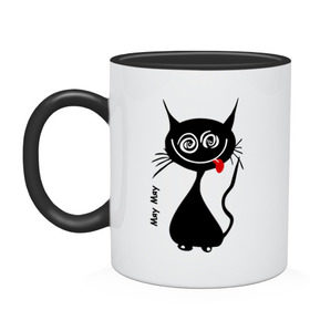 Кружка двухцветная с принтом Кошка Мяу в Петрозаводске, керамика | объем — 330 мл, диаметр — 80 мм. Цветная ручка и кайма сверху, в некоторых цветах — вся внутренняя часть | кот | котенок | котик | кошка | кошка мяу | мяу | черная кошка | черный кот