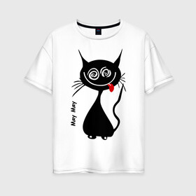 Женская футболка хлопок Oversize с принтом Кошка Мяу в Петрозаводске, 100% хлопок | свободный крой, круглый ворот, спущенный рукав, длина до линии бедер
 | кот | котенок | котик | кошка | кошка мяу | мяу | черная кошка | черный кот