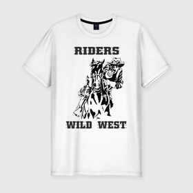 Мужская футболка премиум с принтом riders wild west в Петрозаводске, 92% хлопок, 8% лайкра | приталенный силуэт, круглый вырез ворота, длина до линии бедра, короткий рукав | всадник | дикий запад | ездок | ковбой | лошадь | наездник | револьвер | стрелок | стрелять | техас