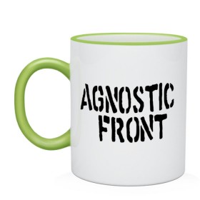 Кружка двухцветная с принтом Agnostic front в Петрозаводске, керамика | объем — 330 мл, диаметр — 80 мм. Цветная ручка и кайма сверху, в некоторых цветах — вся внутренняя часть | hardcore | heavy metal | metal | rock | trash metal | метал | металл | рок | трэш метал | хеви метал