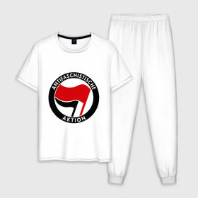 Мужская пижама хлопок с принтом Antifa (1) в Петрозаводске, 100% хлопок | брюки и футболка прямого кроя, без карманов, на брюках мягкая резинка на поясе и по низу штанин
 | antifa | антифа | антифашизм | антифашистское движение | знак антифа | против фашизма | фашизм