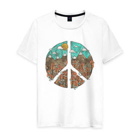 Мужская футболка хлопок с принтом Мир (Peace) в Петрозаводске, 100% хлопок | прямой крой, круглый вырез горловины, длина до линии бедер, слегка спущенное плечо. | Тематика изображения на принте: хиппи