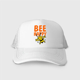 Кепка тракер с сеткой с принтом BeeHappy в Петрозаводске, трикотажное полотно; задняя часть — сетка | длинный козырек, универсальный размер, пластиковая застежка | Тематика изображения на принте: веселая | насекомое | настроение | позитив | пчела | пчелка | счастливый | счастье | эмоции