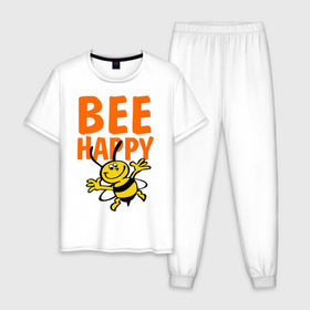 Мужская пижама хлопок с принтом BeeHappy в Петрозаводске, 100% хлопок | брюки и футболка прямого кроя, без карманов, на брюках мягкая резинка на поясе и по низу штанин
 | веселая | насекомое | настроение | позитив | пчела | пчелка | счастливый | счастье | эмоции