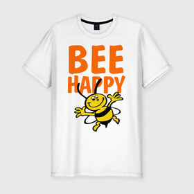 Мужская футболка премиум с принтом BeeHappy в Петрозаводске, 92% хлопок, 8% лайкра | приталенный силуэт, круглый вырез ворота, длина до линии бедра, короткий рукав | Тематика изображения на принте: веселая | насекомое | настроение | позитив | пчела | пчелка | счастливый | счастье | эмоции