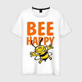 Мужская футболка хлопок с принтом BeeHappy в Петрозаводске, 100% хлопок | прямой крой, круглый вырез горловины, длина до линии бедер, слегка спущенное плечо. | Тематика изображения на принте: веселая | насекомое | настроение | позитив | пчела | пчелка | счастливый | счастье | эмоции