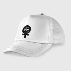 Детская кепка тракер с принтом эмблема феминизма в Петрозаводске, Козырек - 100% хлопок. Кепка - 100% полиэстер, Задняя часть - сетка | универсальный размер, пластиковая застёжка | женщины | кулак | мужчины | отношения | феминистка