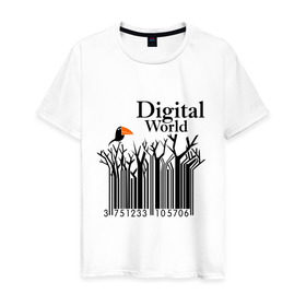 Мужская футболка хлопок с принтом Digital World в Петрозаводске, 100% хлопок | прямой крой, круглый вырез горловины, длина до линии бедер, слегка спущенное плечо. | digital world | деревья | птица | птичка | цифра | цифровой мир | штриф код | штрих код | штрихкод