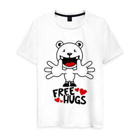 Мужская футболка хлопок с принтом Free Hugs в Петрозаводске, 100% хлопок | прямой крой, круглый вырез горловины, длина до линии бедер, слегка спущенное плечо. | free hugs | бесплатные объятия | обниму бесплатно | обнять | объятия | позитив