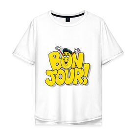 Мужская футболка хлопок Oversize с принтом Bonjour - Привет! в Петрозаводске, 100% хлопок | свободный крой, круглый ворот, “спинка” длиннее передней части | bon jour | бон жур | смайл | француз
