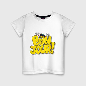 Детская футболка хлопок с принтом Bonjour - Привет! в Петрозаводске, 100% хлопок | круглый вырез горловины, полуприлегающий силуэт, длина до линии бедер | Тематика изображения на принте: bon jour | бон жур | смайл | француз