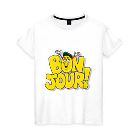 Женская футболка хлопок с принтом Bonjour - Привет! в Петрозаводске, 100% хлопок | прямой крой, круглый вырез горловины, длина до линии бедер, слегка спущенное плечо | bon jour | бон жур | смайл | француз