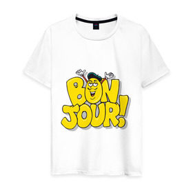 Мужская футболка хлопок с принтом Bonjour - Привет! в Петрозаводске, 100% хлопок | прямой крой, круглый вырез горловины, длина до линии бедер, слегка спущенное плечо. | bon jour | бон жур | смайл | француз