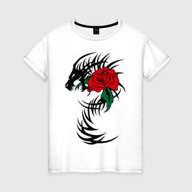 Женская футболка хлопок с принтом Дракон и роза в Петрозаводске, 100% хлопок | прямой крой, круглый вырез горловины, длина до линии бедер, слегка спущенное плечо | скелет