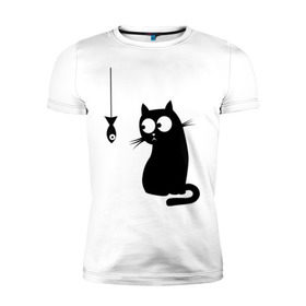 Мужская футболка премиум с принтом Кот и рыба в Петрозаводске, 92% хлопок, 8% лайкра | приталенный силуэт, круглый вырез ворота, длина до линии бедра, короткий рукав | киса | киска | котенок | котик | котэ | кошка | рыбка