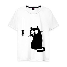Мужская футболка хлопок с принтом Кот и рыба в Петрозаводске, 100% хлопок | прямой крой, круглый вырез горловины, длина до линии бедер, слегка спущенное плечо. | киса | киска | котенок | котик | котэ | кошка | рыбка