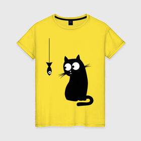 Женская футболка хлопок с принтом Кот и рыба в Петрозаводске, 100% хлопок | прямой крой, круглый вырез горловины, длина до линии бедер, слегка спущенное плечо | киса | киска | котенок | котик | котэ | кошка | рыбка