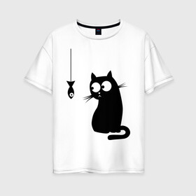 Женская футболка хлопок Oversize с принтом Кот и рыба в Петрозаводске, 100% хлопок | свободный крой, круглый ворот, спущенный рукав, длина до линии бедер
 | киса | киска | котенок | котик | котэ | кошка | рыбка